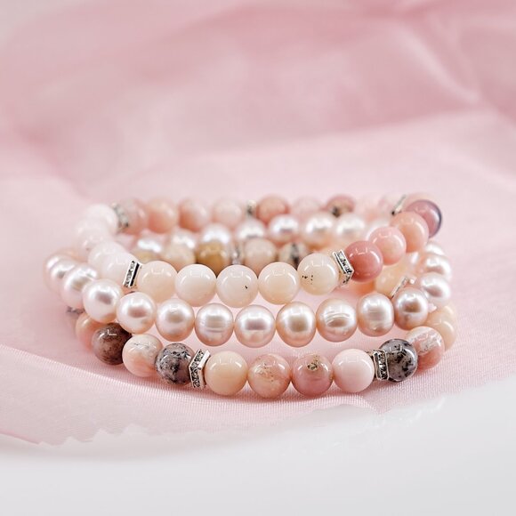 Pink Opal, Crystal & Pearl Stretch Bracelet Set of 3, Fast Shipping - Picture 1 of 11